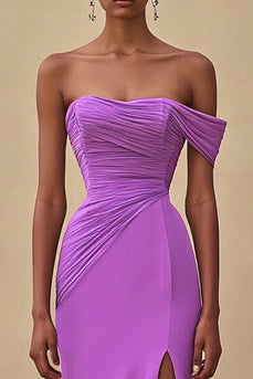 Purple Chiffon Off the Shoulder Ruched Long Formal Dress with Slit