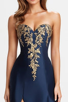 Load image into Gallery viewer, Navy Sparkly Sweetheart Satin Long Formal Dress with Slit