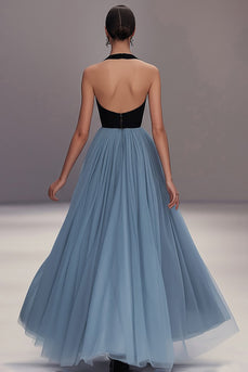 Black Blue Tulle Deep V-Neck A Line Long Formal Dress
