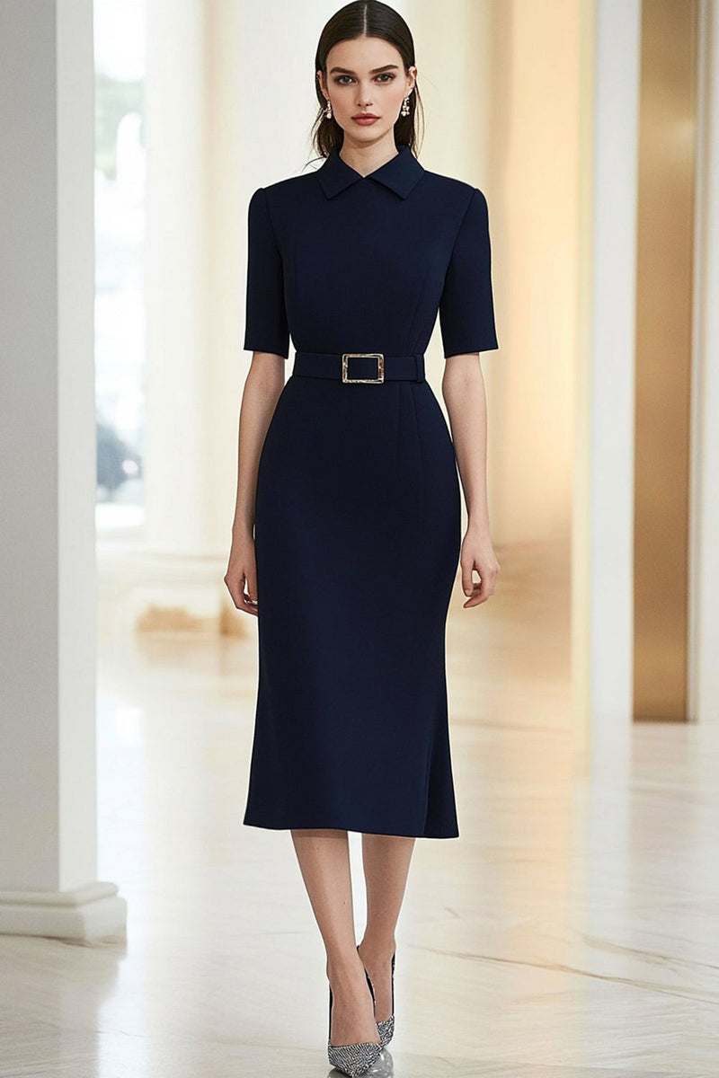 Load image into Gallery viewer, Women Navy Formal Dress Collar Neck Short Sleeves Tea Length Graduation Dress
