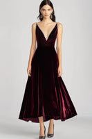 Load image into Gallery viewer, Queendancer Women Sparkly Burgundy Velvet Formal Dress A Line V-Neck Tea Length Prom Dress