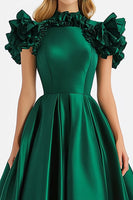 Load image into Gallery viewer, Dark Green Collar Neck A Line Ruffed Long Formal Dress