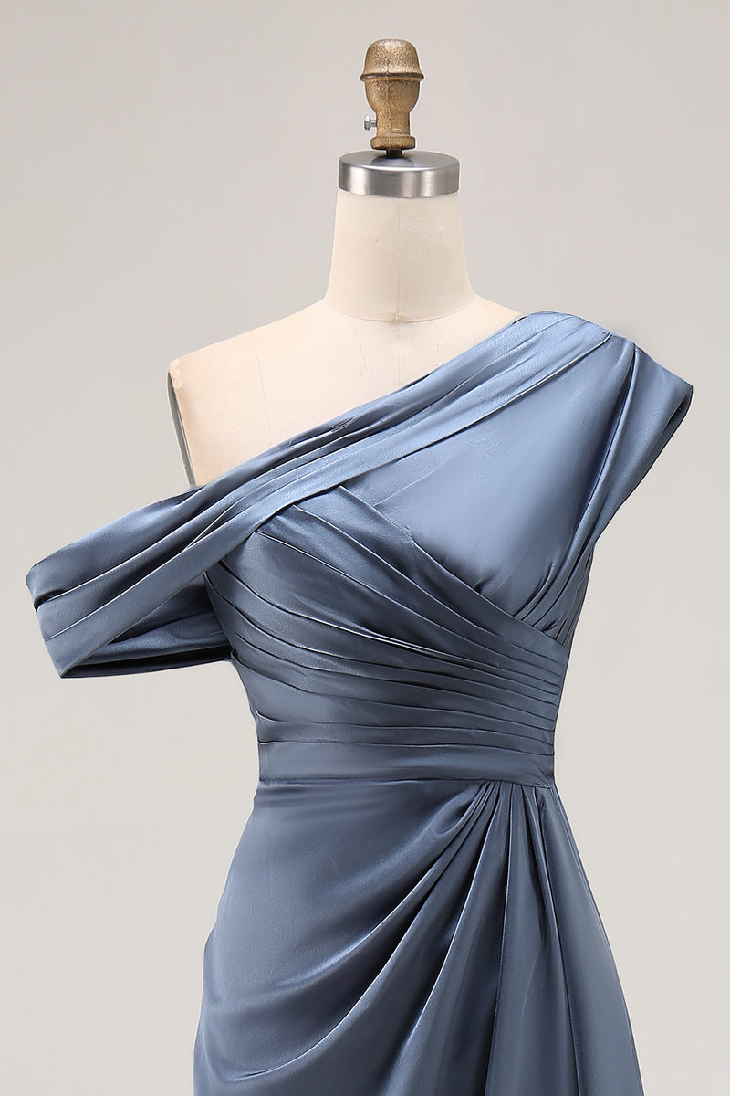 Load image into Gallery viewer, Grey Blue Satin Ruched Asymmetrical Mother of the Bride Dress