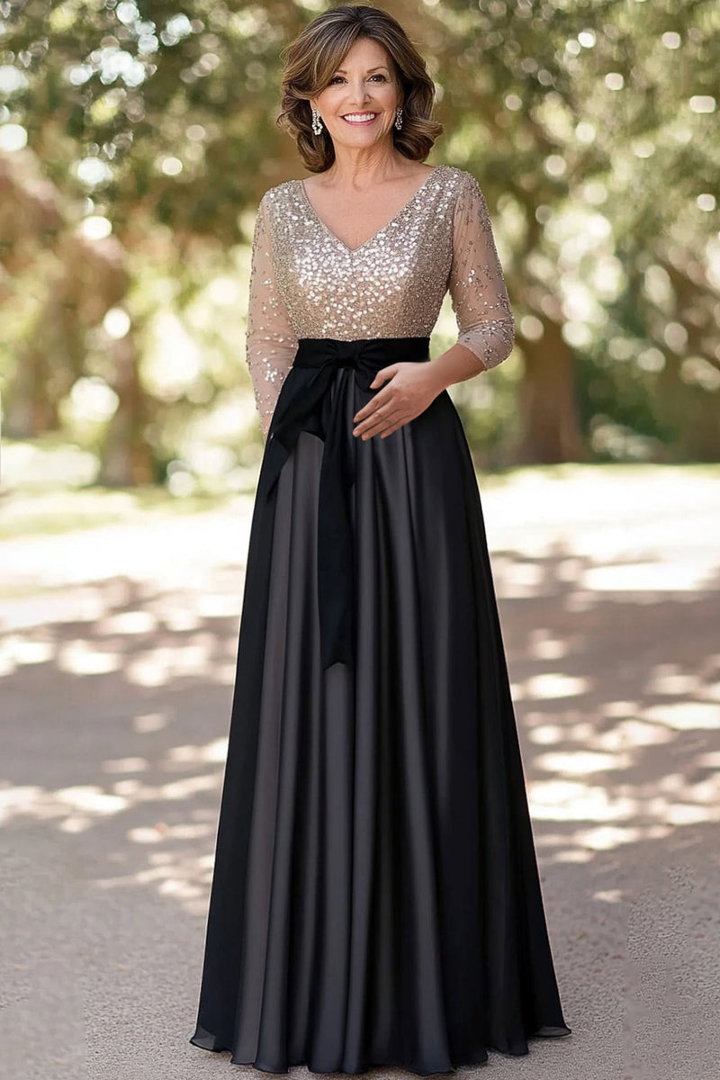 Queendancer Women Champagne Black Sequin Mother of the Bride Dress with 3/4 Sleeves A Line V-Neck Floor Length Wedding Guest Dress queendanceruk Queendancer Women Champagne Black Sequin Mother of the Bride Dress with 3/4 Sleeves A Line V-Neck Floor Length Wedding Guest Dress queendanceruk