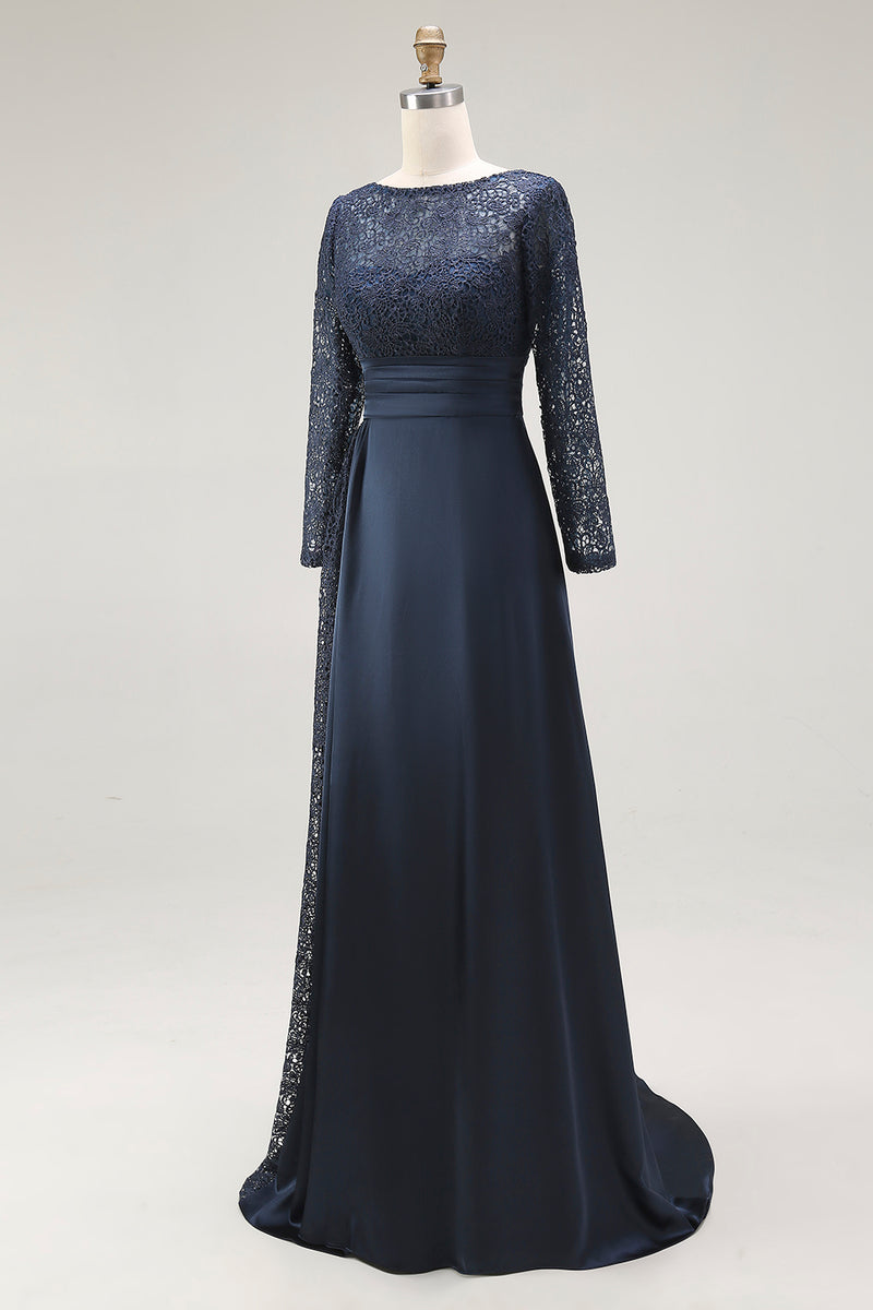 Load image into Gallery viewer, Navy A Line Long Sleeves Mother of the Bride Dress with Lace
