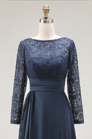 Load image into Gallery viewer, Navy A Line Long Sleeves Mother of the Bride Dress with Lace