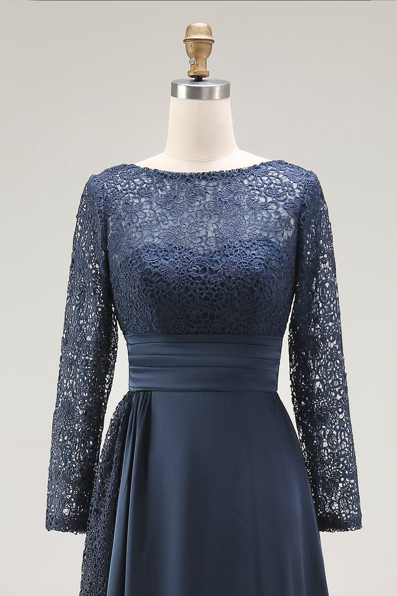 Load image into Gallery viewer, Navy A Line Long Sleeves Mother of the Bride Dress with Lace