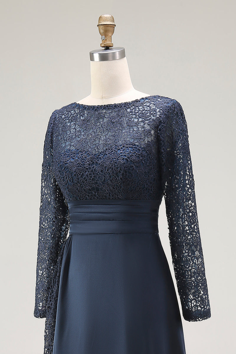 Load image into Gallery viewer, Navy A Line Long Sleeves Mother of the Bride Dress with Lace