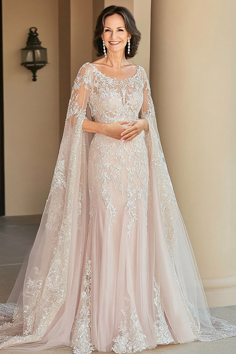 Load image into Gallery viewer, Women Floral Beige Sheath Mother of the Bride Dress with Lace Scoop Cape Sleeves Maxi Flowy Wedding Guest Dress