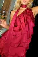 Load image into Gallery viewer, Burgundy One Shoulder Neck Scarf Bodycon Mini Birthday Dress with Ruffles