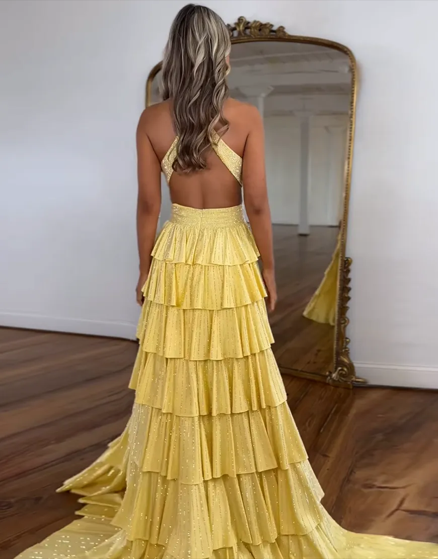 Load image into Gallery viewer, Sparkly Fuchsia Beaded A Line Tiered Long Prom Dress with Slit