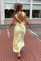 Load image into Gallery viewer, Yellow Satin A Line Thick Straps Maxi Formal Dress