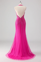 Load image into Gallery viewer, Glitter Fuchsia Halter Neck Beaded Mermaid Long Prom Dress with Slit