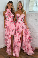 Load image into Gallery viewer, White Blue Flower Tiered Corset Strapless Long Chiffon Prom Dress