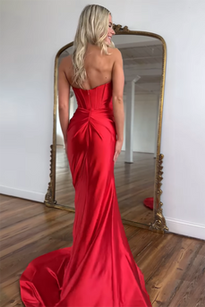 Red Satin Mermaid Sweetheart Long Prom Dress with Slit