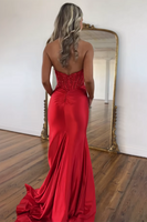 Load image into Gallery viewer, Red Sparkly Satin Mermaid Long Prom Dress with Slit