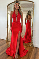 Load image into Gallery viewer, Red Sparkly Satin Mermaid Long Prom Dress with Slit