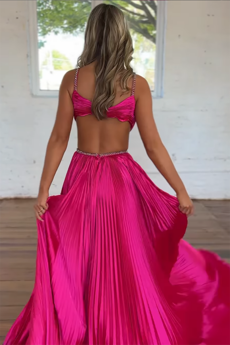 Load image into Gallery viewer, Fuchsia Pleated Satin A Line Long Prom Dress with Ruffles