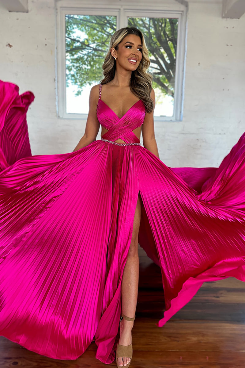 Load image into Gallery viewer, Fuchsia Pleated Satin A Line Long Prom Dress with Ruffles