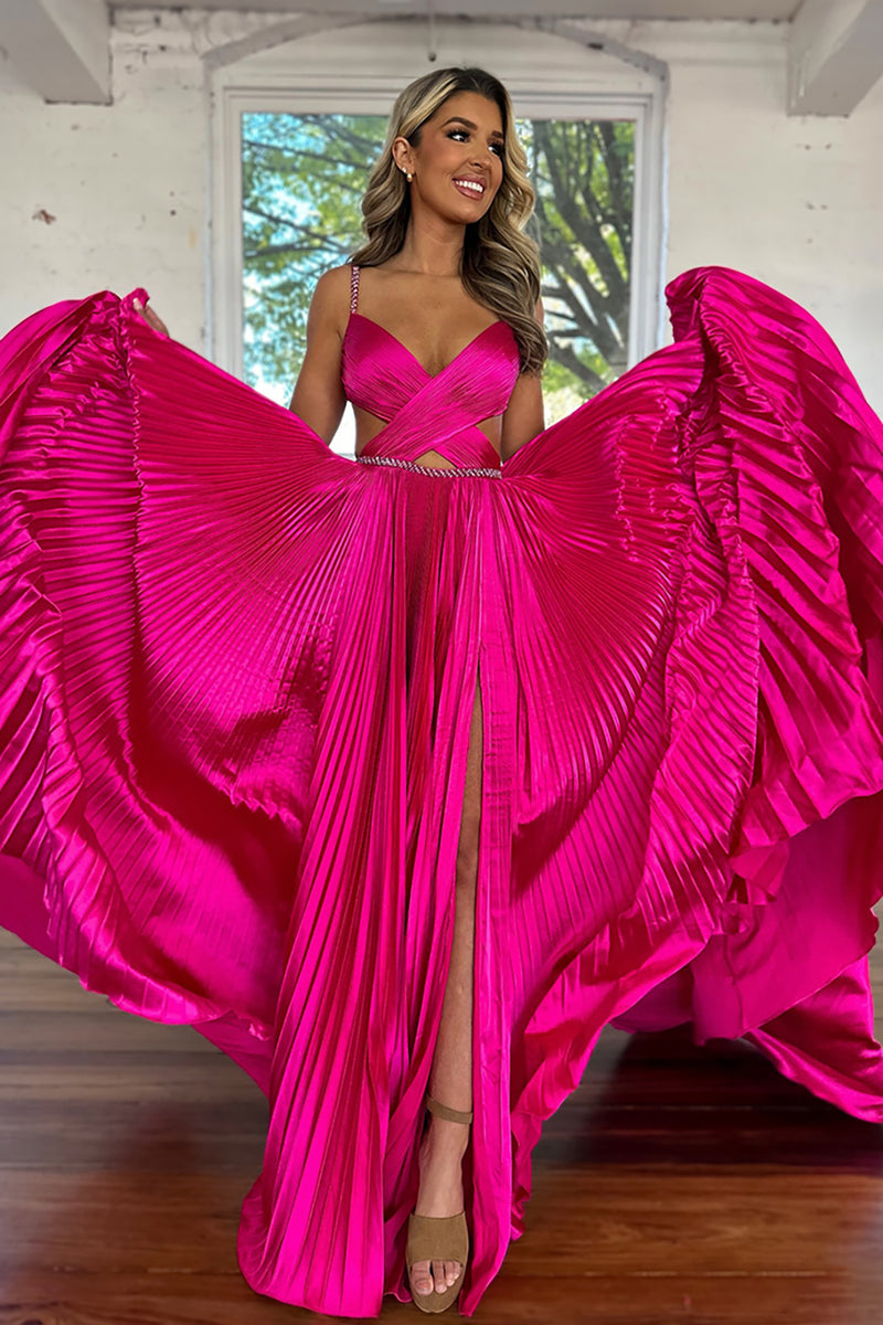 Load image into Gallery viewer, Fuchsia Pleated Satin A Line Long Prom Dress with Ruffles