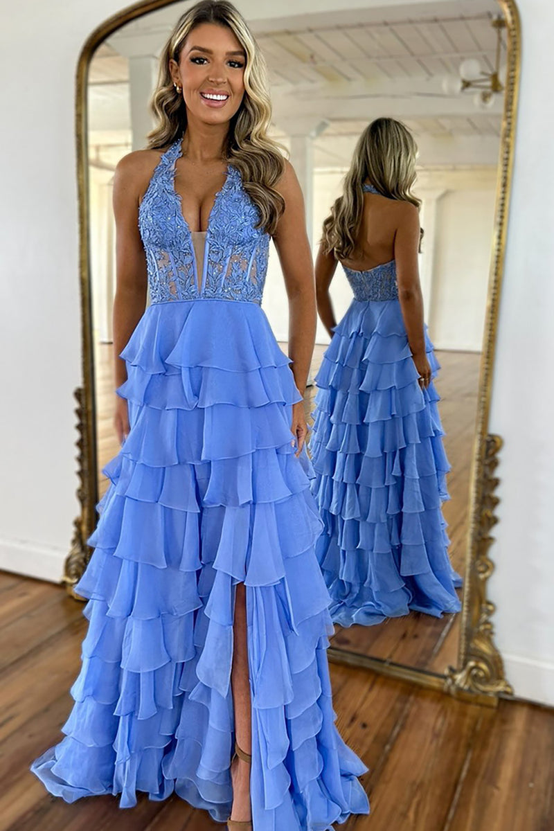 Load image into Gallery viewer, Sky Blue Chiffon Tiered A Line Long Prom Dress with Appliques