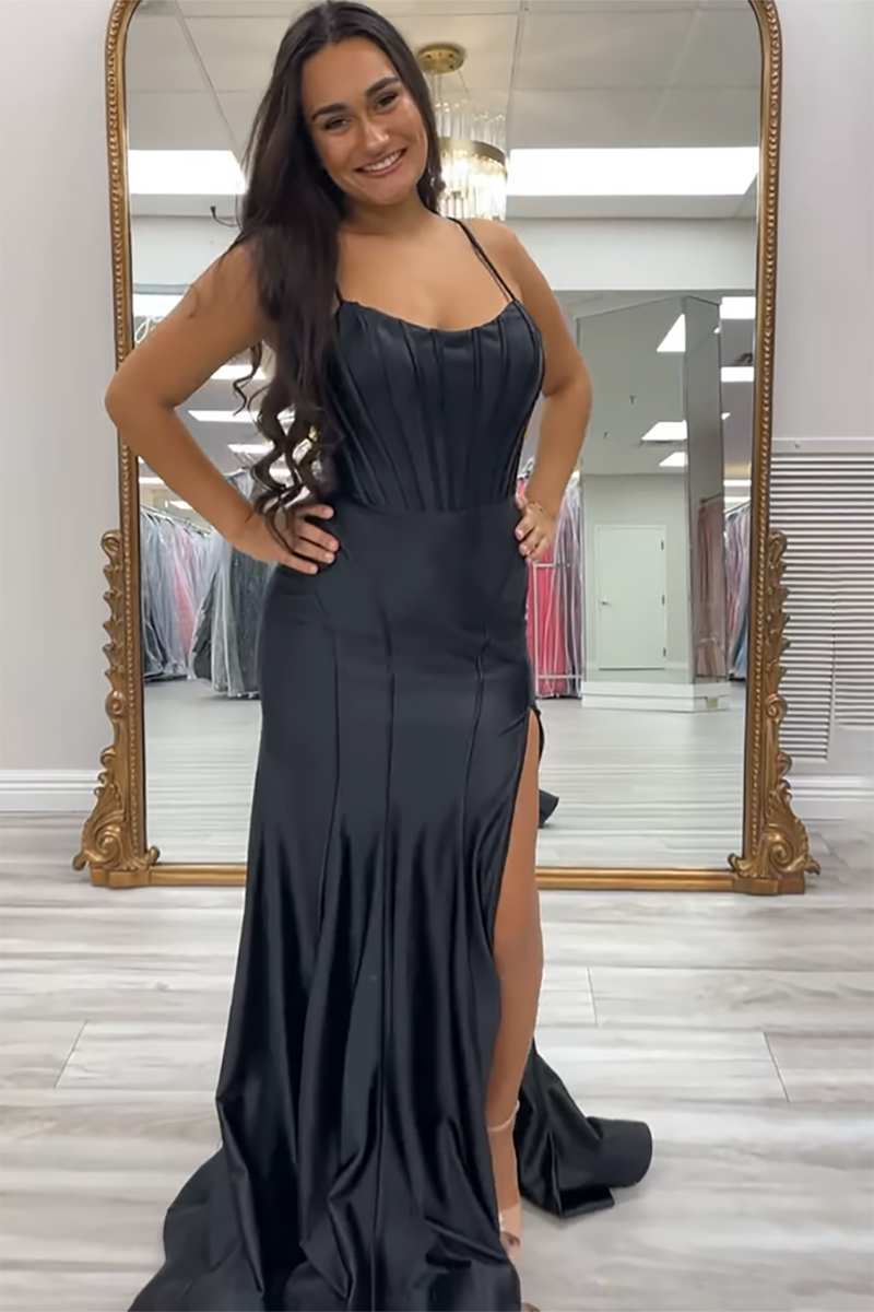 Load image into Gallery viewer, Black Satin Sheath Corset Long Prom Dress with Slit
