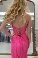 Load image into Gallery viewer, Black Satin Sheath Corset Long Prom Dress with Slit