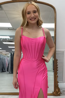 Black Satin Sheath Corset Long Prom Dress with Slit