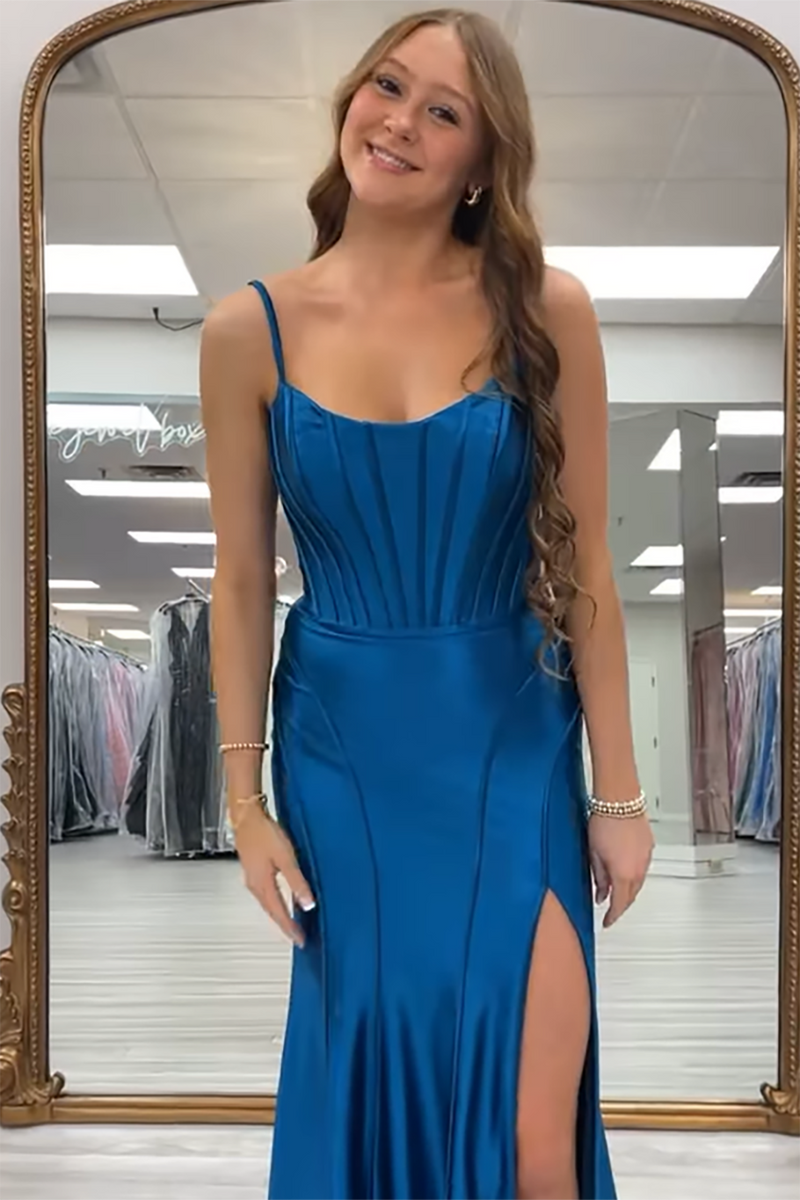 Load image into Gallery viewer, Black Satin Sheath Corset Long Prom Dress with Slit