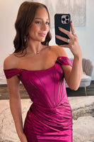Load image into Gallery viewer, Hot Pink Sheath Satin Long Prom Dress with Slit