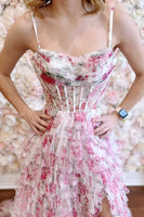Load image into Gallery viewer, Pink Floral Tiered Corset A Line Long Prom Dress with Slit