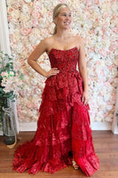 Load image into Gallery viewer, Red Tiered Sparkly A Line Long Prom Dress with Tulle