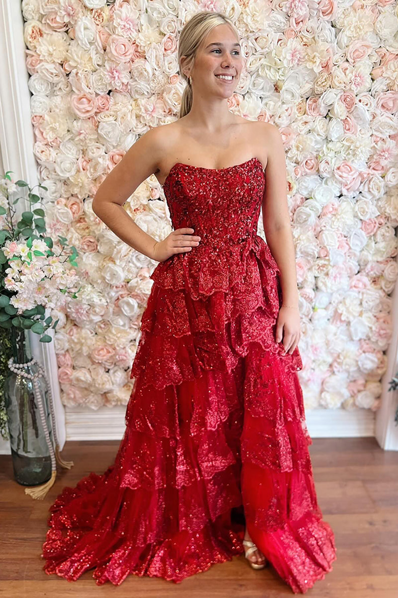 Load image into Gallery viewer, Red Tiered Sparkly A Line Long Prom Dress with Tulle