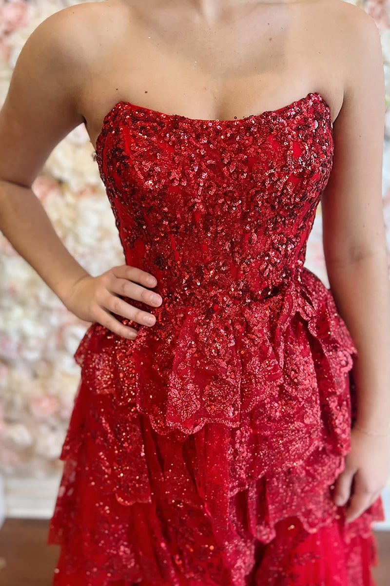 Load image into Gallery viewer, Red Tiered Sparkly A Line Long Prom Dress with Tulle