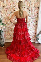 Load image into Gallery viewer, Red Tiered Sparkly A Line Long Prom Dress with Tulle