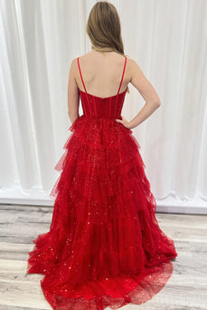 Red Sparkly Tiered Spaghetti Straps Long Prom Dress with Tulle
