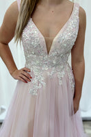 Load image into Gallery viewer, Appliqued Pink V Neck Long Prom Dress with Tulle