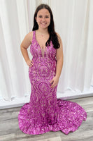 Load image into Gallery viewer, Hot Pink Appliqued Mermaid Spaghetti Straps Long Prom Dress