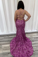 Load image into Gallery viewer, Hot Pink Appliqued Mermaid Spaghetti Straps Long Prom Dress