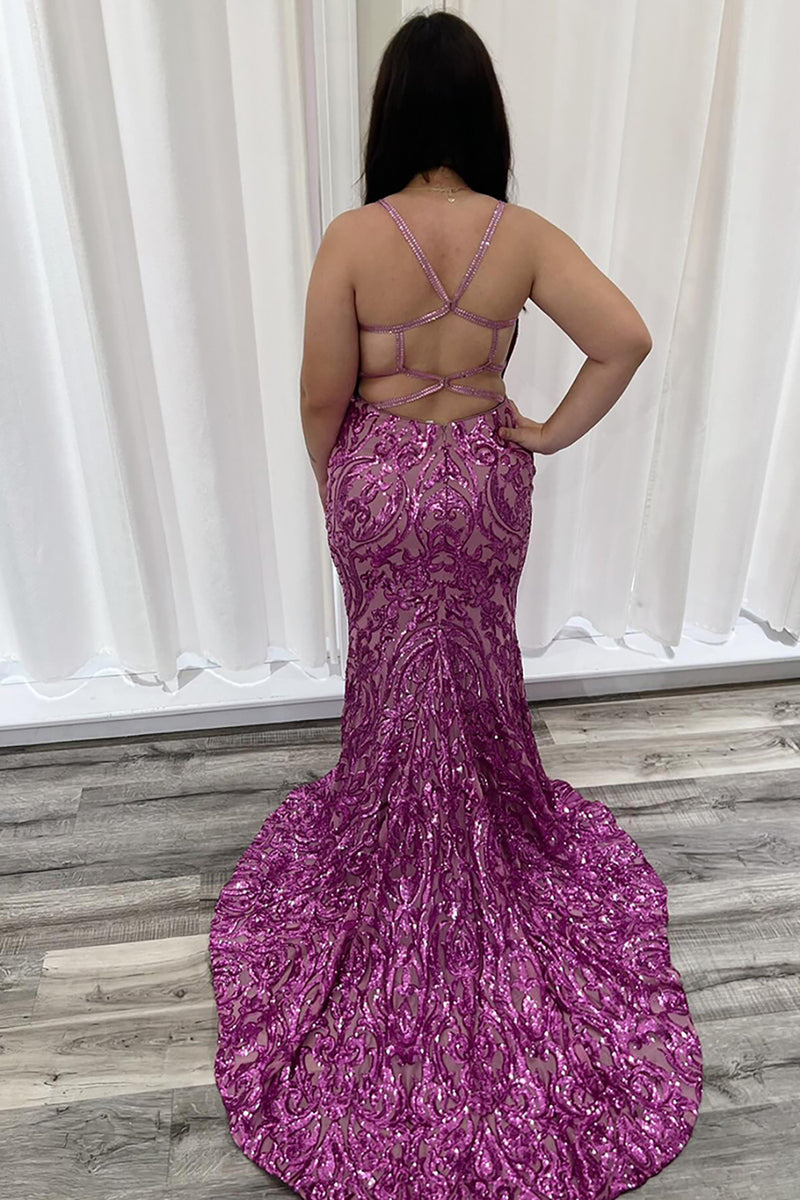 Load image into Gallery viewer, Hot Pink Appliqued Mermaid Spaghetti Straps Long Prom Dress