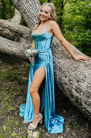 Load image into Gallery viewer, Blue Satin Corset A Line Long Prom Dress with Slit