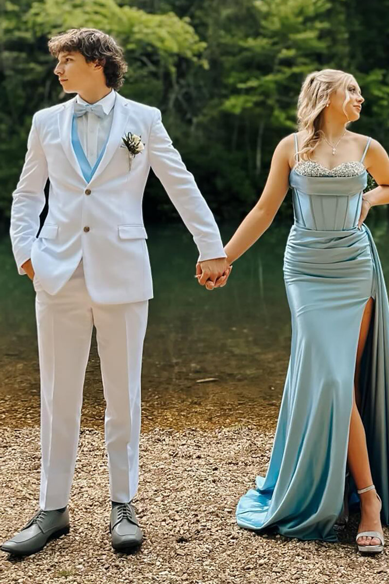 Load image into Gallery viewer, Blue Satin Corset A Line Long Prom Dress with Slit