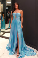 Load image into Gallery viewer, Blue Metallic A Line Corset Pleated Long Prom Dress with Slit