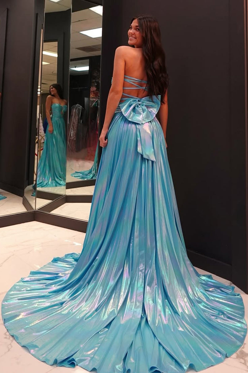 Load image into Gallery viewer, Blue Metallic A Line Corset Pleated Long Prom Dress with Slit