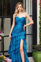 Load image into Gallery viewer, Peacock Blue Satin Pleated Sheath Long Prom Dress with Ruffles
