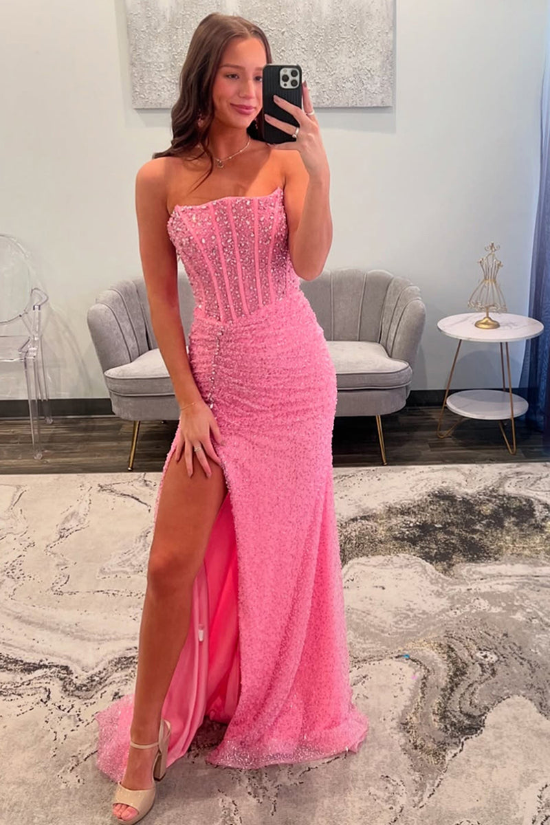 Load image into Gallery viewer, Sparkly Pink Sequin Corset Beaded Mermaid Long Prom Dress with Slit