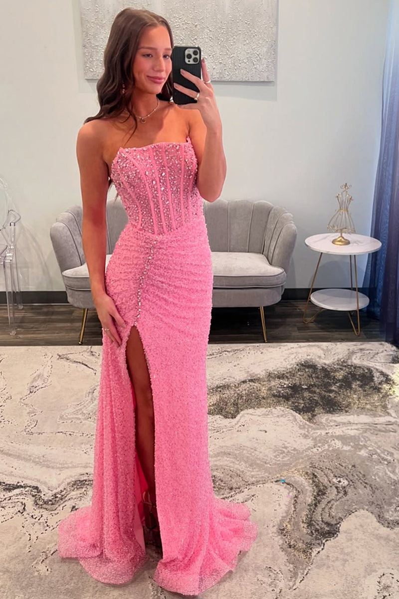 Load image into Gallery viewer, Sparkly Pink Sequin Corset Beaded Mermaid Long Prom Dress with Slit