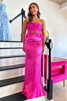 Load image into Gallery viewer, Fuchsia Satin Halter Mermaid Long Prom Dress with Flowers