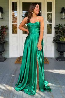 Princess Dark Green Satin Corset Ruched A Line Long Prom Dress with Slit