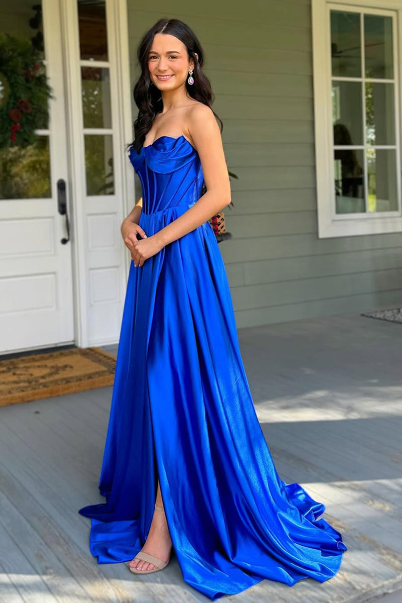 Load image into Gallery viewer, Princess Dark Green Satin Corset Ruched A Line Long Prom Dress with Slit